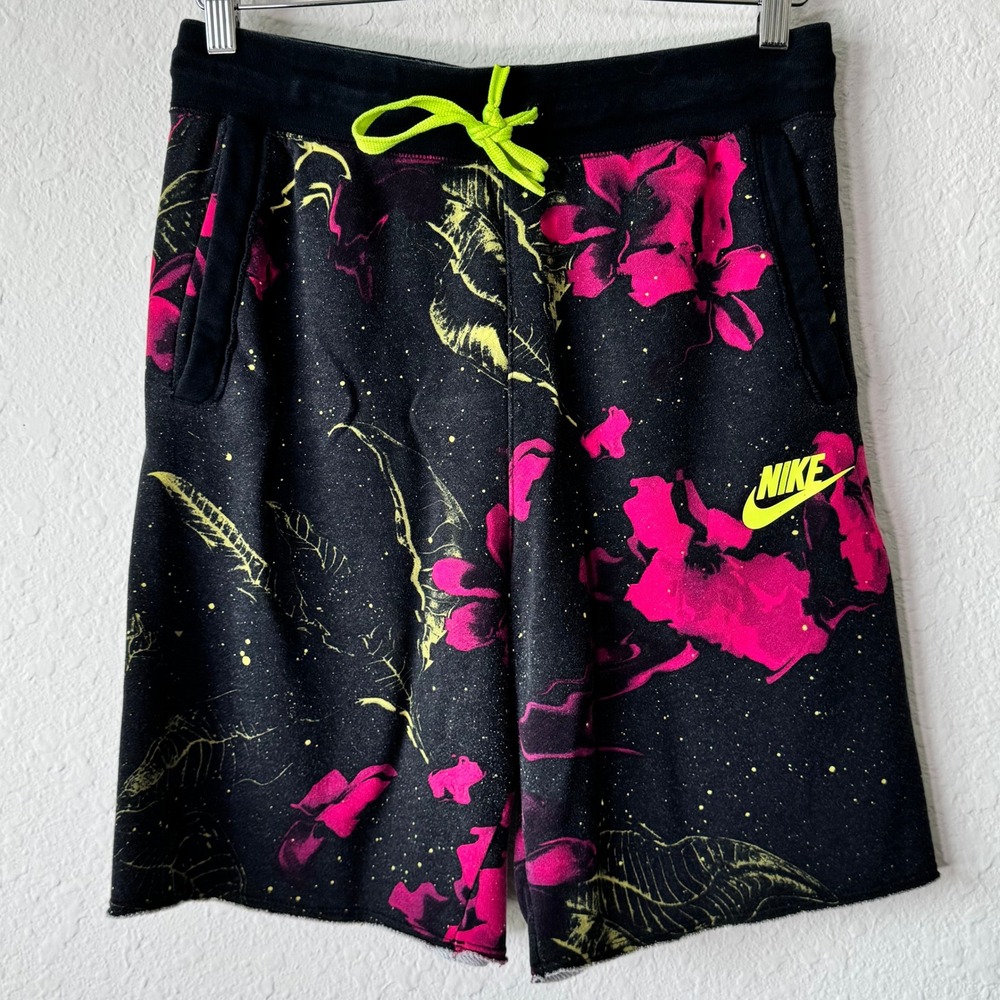 Nike Mens Sportswear Floral Shorts Black Pink Lime Green CK0151-010 Size Small